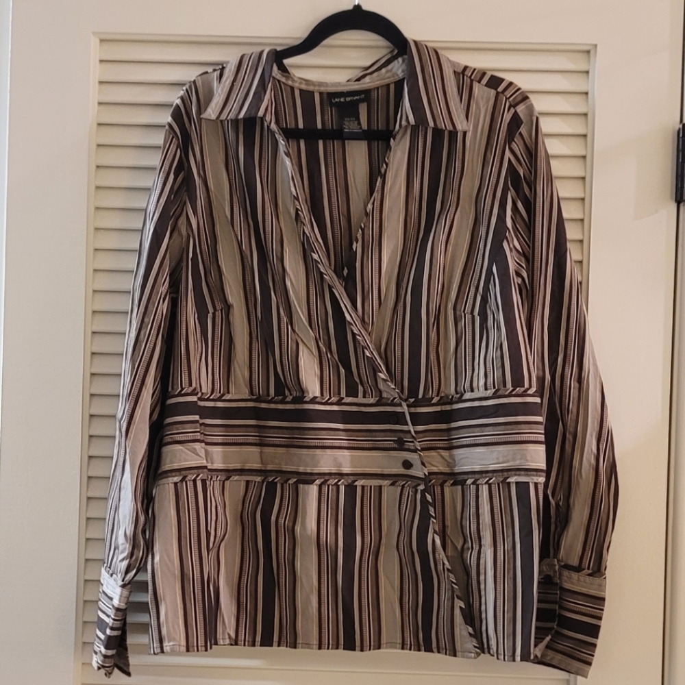 Lane Bryant - (Plus-Size) Asymmetrical Brown Striped Long-Sleeve Top